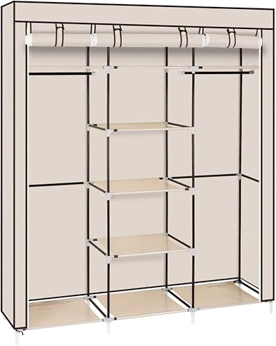 Miniatura 5 de Teeker 69 '' Armario de ropa portátil de tela no tejida Armario Organizador de almacenamiento de barra doble Beige