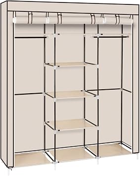 lapday 59 inches Portable Closet Wardrobe, Non-Woven Fabric Closet Storage Organizer with 2 Hanging Rods &9 Storage Shelves, Quick and Easy Assembly Beige