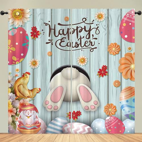 DOTOOMA 82 x 84 Inches Blue Plank Jumping Bunny Happy Easter Window Curtain Turkey Daisy Sunflower Flower Print Easter Egg Holiday Decoration Cartoon Indoor Window Decor Supplies Drapes 2 Panel