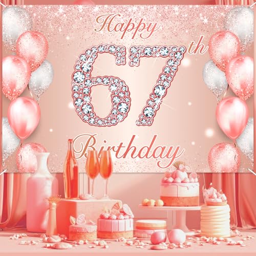 Image of Happy 67th Birthday Rose Gold Banner Cheers to 67 Years Old Backdrop Confetti Balloons Theme Decor for Women 67 Years Old Pink Birthday Party Decorations Bday Supplies Background Favors Gift Glitter