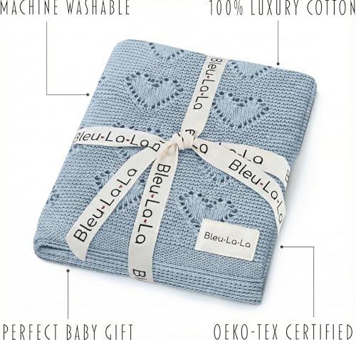 Image of Heirloom Heart Knit 100% Cotton Knit Receiving Baby Blanket for Boys - Soft Warm Cozy Swaddle Receiving Cuddle Stroller Blanket for Newborns, Infants, & Toddlers (Sky Blue)