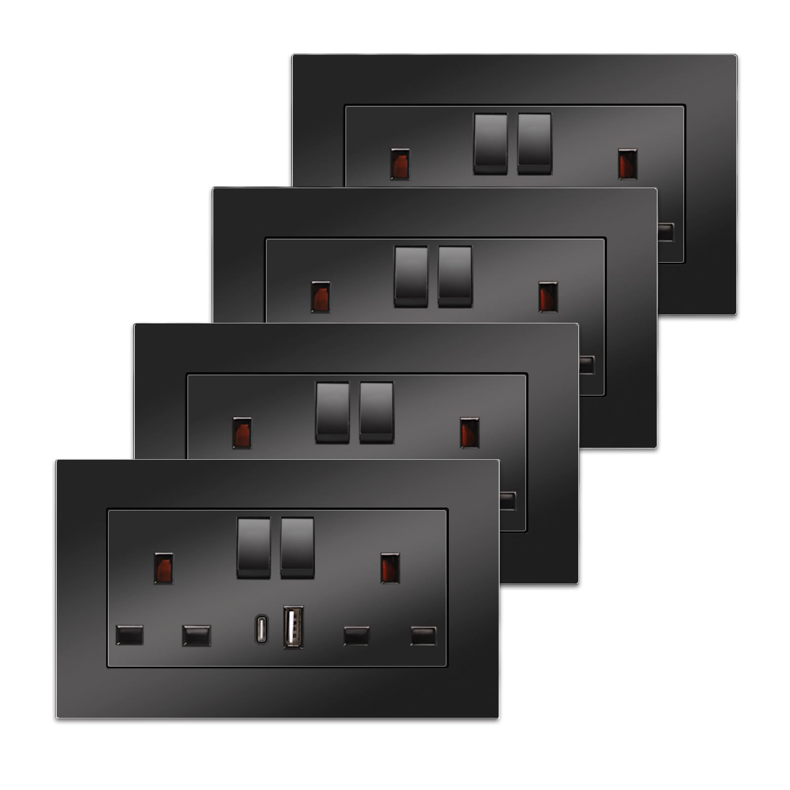 4 Pack CNBINGO Double Switched Power Socket with Dual USB Charging Ports (Type A and C), Black 13 Amp Electric Wall Socket
