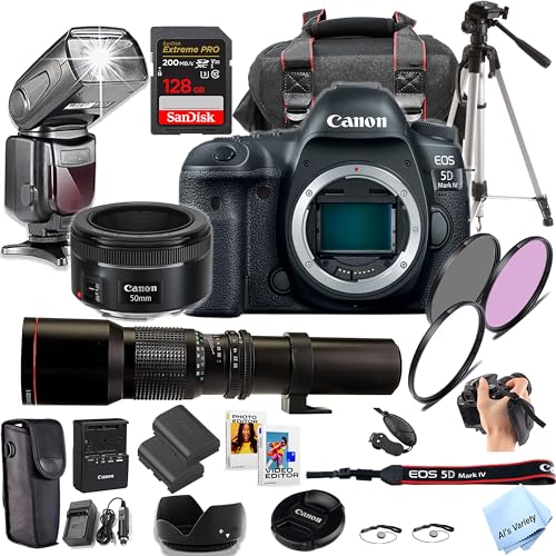 Canon EOS 5D Mark IV DSLR Camera with 50mm STM Prime Lens + 500mm F/8 Preset Telephoto Lens + TTL Speed Light Flash + 128GB Memory, Filters, Case, Tripod + More (Pro Photo Bundle) (Renewed)