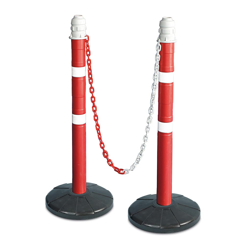 Lot de 2 supports de chaîne - 2 m de chaîne - Diamètre du tube : 70 mm - Hauteur : 1000 mm - Pied en plastique rempli de béton.