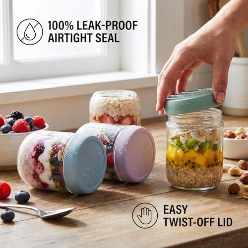 Image of JBHO 6-pack 16 oz Overnight Oats Containers with Lids, Glass jars with Airtight Lids, Wide mouth Mason Salad jars, Glass Food Storage Containers for Snacks Yogurt Spice Sugar