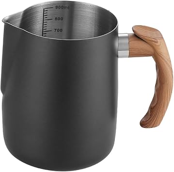 Steaming Pitcher Milk Frothing Pitcher Coffee Milk Frothing Cup with Wooden Handle (Black, 32OZ/900ML)