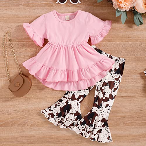 Blusa infantil para meninas com babados manga curta estampa de leopardo calças flare roupas para men