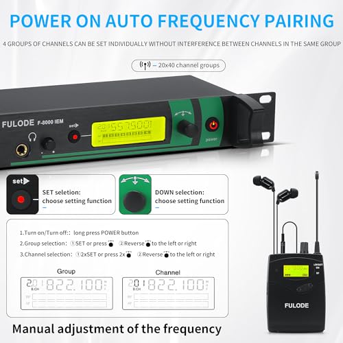 FULODE IEM UHF Wireless in Ear Monitor System 2 Channel 8 Bodypacks Monitoring with in Earphone, 2x40 UHF Frequencies, for Stage, Studio and Church, 330Ft Range (8 Bodypack) - Thumbnail 6