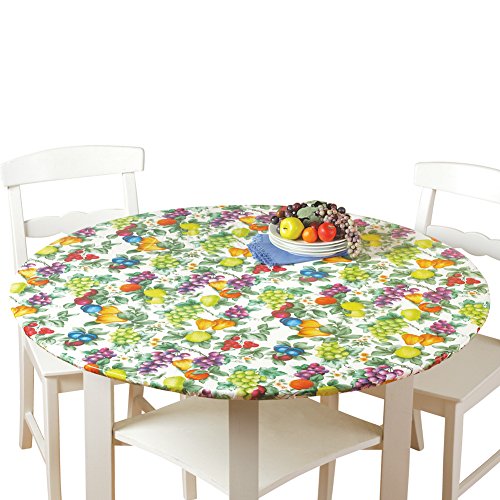 Collections Etc. Patterned Fitted Table Cover with Soft Flannel Backing and Durable Wipe-Clean Vinyl Construction, Fruit, Round
