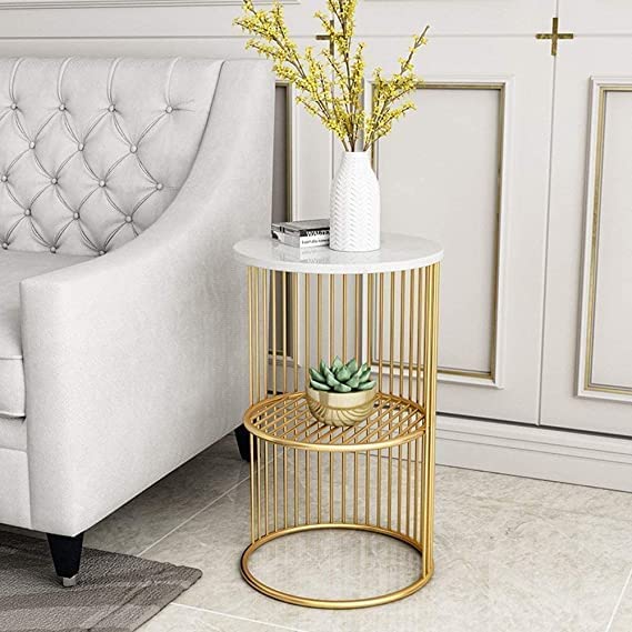 WOODEN ACCENTS Round Modern Side Table, Coffee Table, End Table | Faux Marble Pattern Wooden Top | Golden Metal Frame | 21 Jali Table (Gold White)