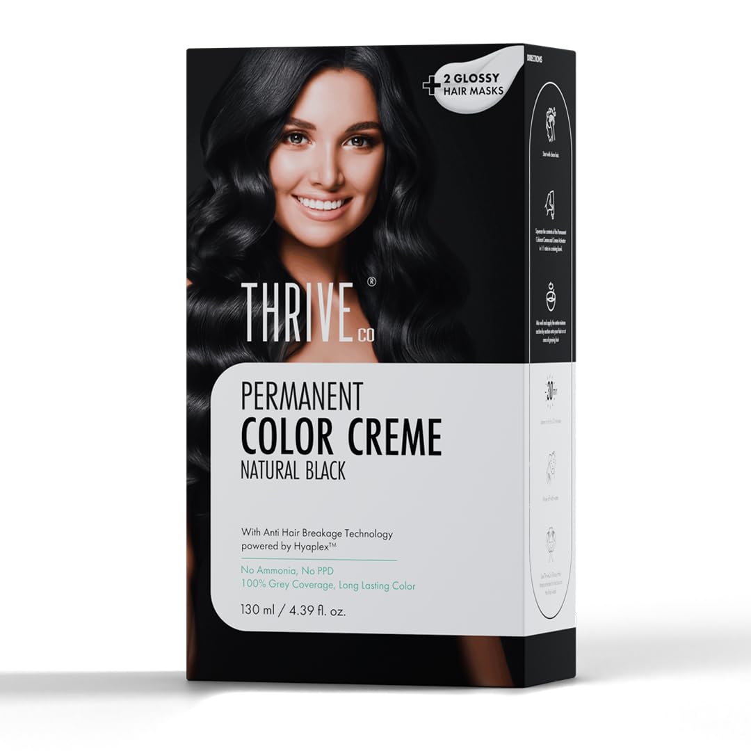 ThriveCo Crème Permanent Black Hair Color | 100% Grey Coverage | Hyaplex™️ Bond-Building Technology | Long-Lasting, Damage-Free Color | Ammonia-Free | Nourishing & Anti-Aging Formula, Men & Women ,130 ml