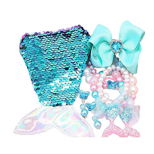 Joyas para Niños, Joeyer Sirena Joyas Regalo - Sirena Collar, Pulsera, Pinzas de Cabello, Clip de Oreja, Anillos, Monedero para Vestir Juego de Imaginación (Blue)