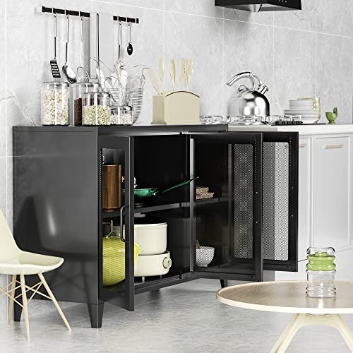 Lissimo Metal Storage Cabinet With 3 Mesh Door,47" Wide Freestanding Floor Kitchen Cupboard, Storage Organizer For Bedroom Bathroom Dining Living Room And Hallway #TOP4
