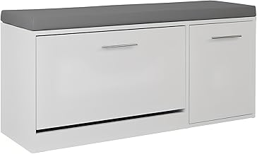 Marvin Shoe Rack with Door - Space-Saving Wooden Shoe Rack with Seat Cushion and Flip Door for Cabin Wardrobe Hallway or Bedroom Design 100 x 30 x 46 cm (White/Grey Cushion)
