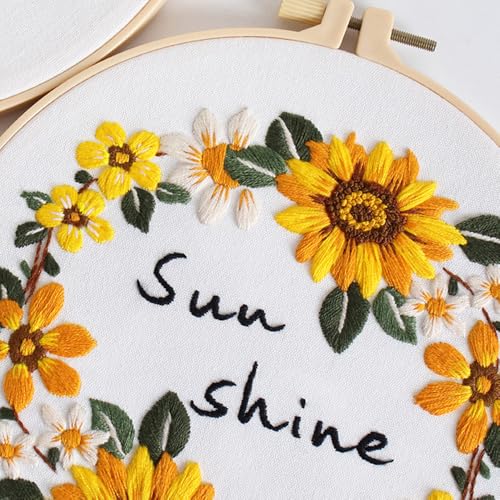 Image of Huacan 5 Sets Embroidery Kit for Beginners Include Embroidery Clothes with Pattern,Embroidery Hoops, Instructions,Color Threads Needle Kit (Sunflower) (Sunflower)