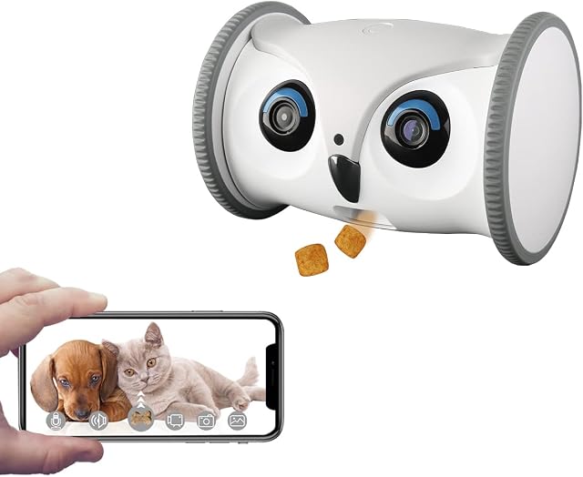 SKYMEE Owl Robot: Movable Full HD Pet Camera with Treat Dispenser, Interactive Toy for Dogs and Cats, Mobile Control via App (2.4Ghz WiFi)