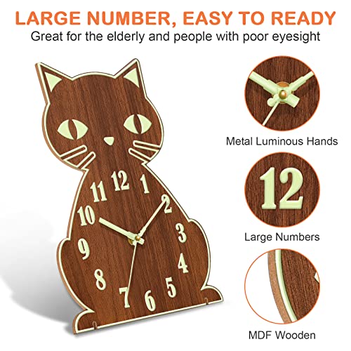 Night Light Wall Clock - Cat Wall Clocks Glow In Dark, Silent Non-Ticking Wood Clocks Battery Operated, Rustic Farmhouse Modern Clock Decorative For Kitchen Living Room Bedroom (12 Inch) #TOP4