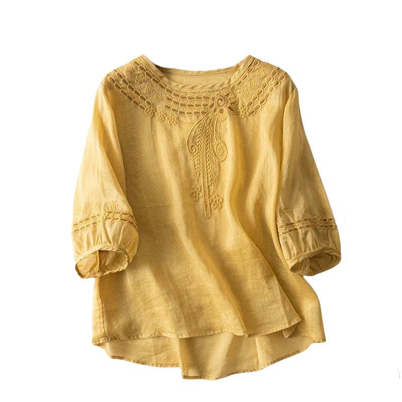 Haut rétro femme col rond broderie coton lin chemisier léger chic