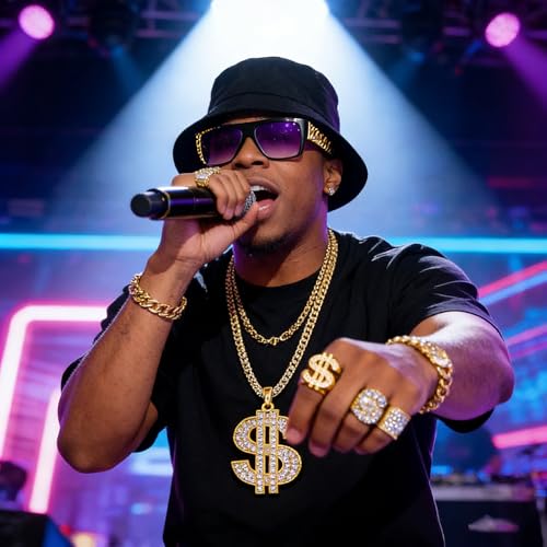 CLKDPNO 6 Pcs Fancy Dress Costume Kit,80s 90s Hip Hop Costume Kit, with Fisherman Hat Dollar Sign Necklace Rings Bracelet Sunglasses for Masquerade Party Carnival Rapper Concert - Image 2