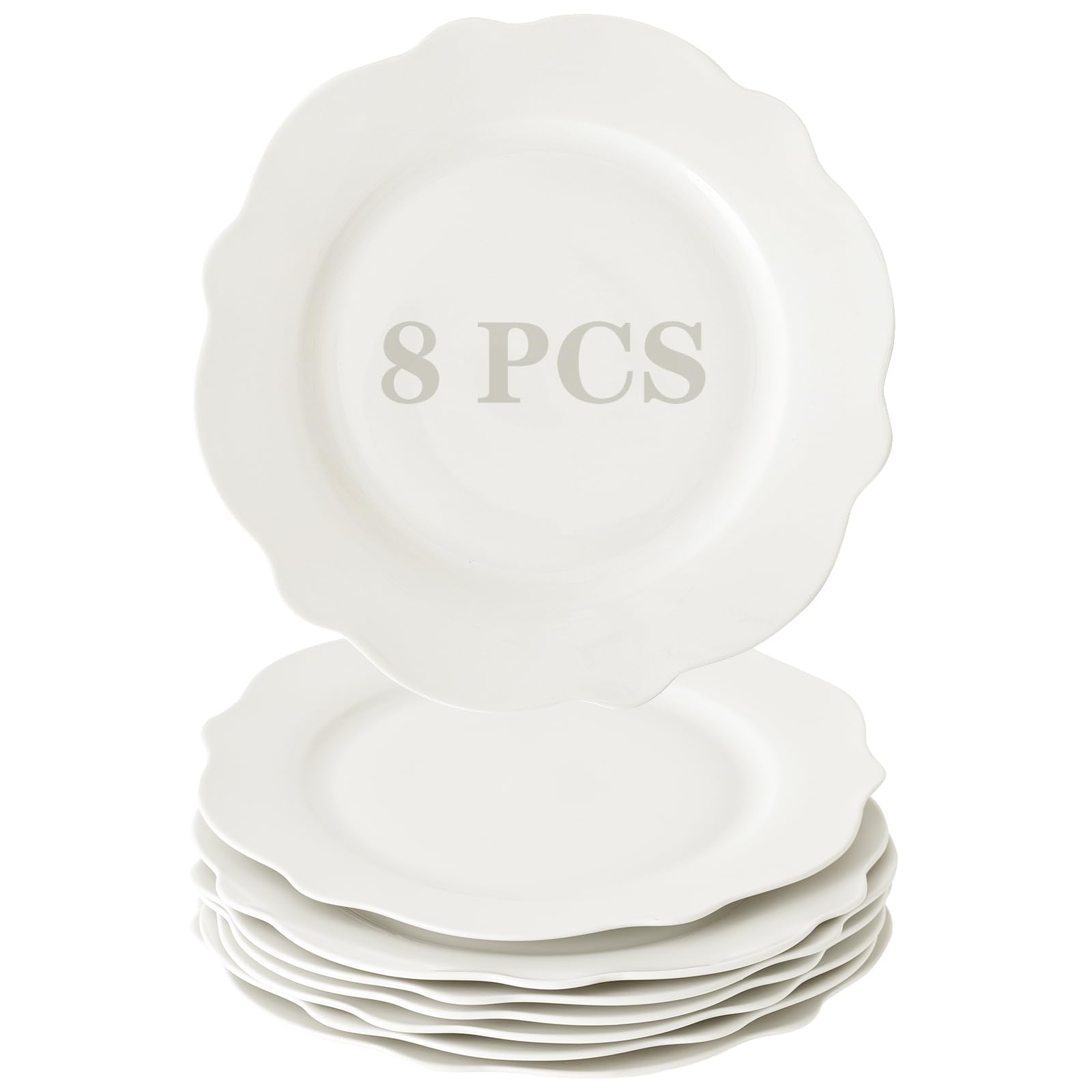 Piatti piani da insalata in porcellana con bordo largo 26 cm, 8 pezzi, a forma di foglia di loto, piatti per pasta/pasta, bordo ondulato, resistenti ai graffi, adatti a microonde, forno e