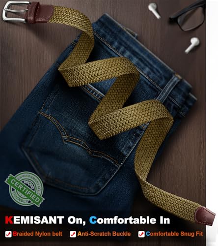 Image of KEMISANT Men Belt-Stretch Woven Braided Belt For Gift Men Golf Casual Jeans Dresses with Nylon Canvas 1 3 /8 inch