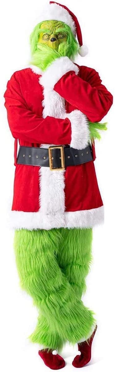 Flovey Grinch Cosplay Kostüm Grüne Maske Weihnachtsmütze Socke Komplettset Outfits Weihnachten Prop Red,XXXL