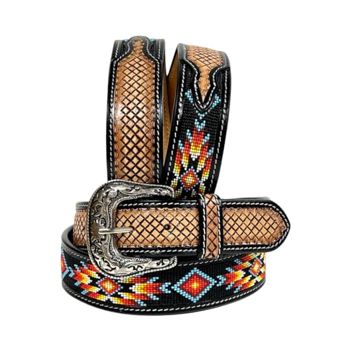 Western Genuine Leather Tooled and Beaded Belt For Men and Women 30IS104