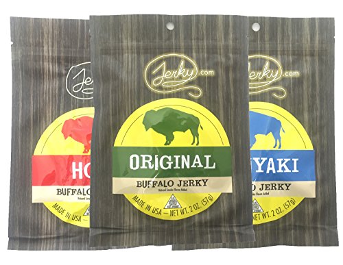 Jerky.com's Buffalo Jerky Sampler - TESTER 3 PACK - Original Buffalo Jerky, Teriyaki Buffalo Jerky and Hot Buffalo Jerky - 5.25 total oz.