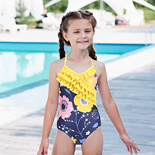 Big Girls One Piece Swimsuits Hawaiian Ruffle Bathing Suit Kids Floral Swimwear Navy Size 14/12-14 #TOP2