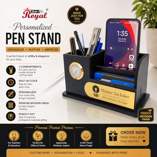 Image of AJANTA ROYAL Elegant Desktop Organizer with Clock, Pen Stand & Phone Holder & Personalized Name Tag, A unique corporate gift. (Black)