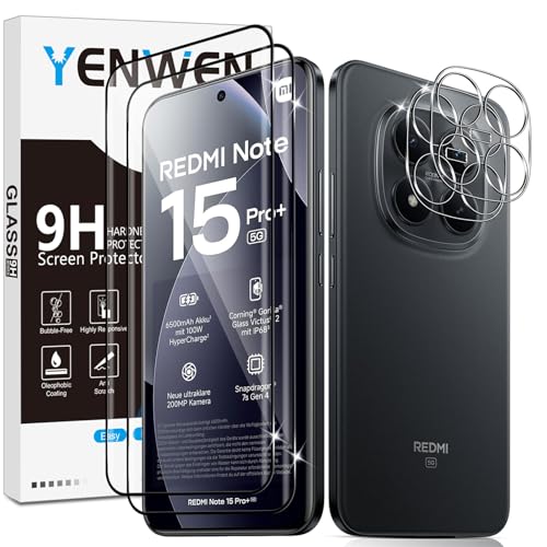 Yenwen 2 Piezas Protector de Pantalla para Xiaomi Redmi Note 15 Pro Plus 5G / POCO M8 Pro 5G con 2 Piezas Protector de Lente de Cámara, Ultra HD Cristal Templado, Dureza 9H, Anti Arañazos