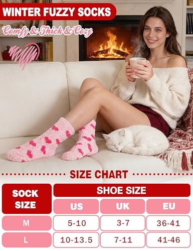 Image of Womens Fuzzy Socks Warm Fluffy Cozy Winter Slipper Thick Fleece Heart Socks 5 Pairs