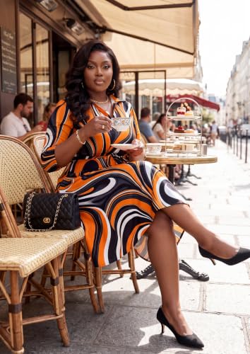 Image of FANDEE Plus Size Midi Dress for Women - Printing Summer Dresses for Wedding Guest Cocktail Party 3 /4 Sleeve V Neck(L-5XL)