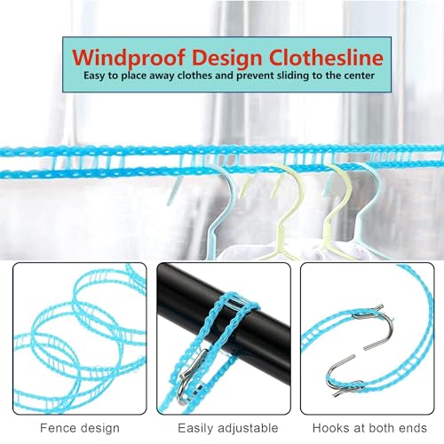 2 Stück Kleiderleine, Wäscheleine, Rutschfeste Elastische Seilleine, Nylon-Wäscheseil, Tragbare Wäscheleinen, Winddichte Outdoor-Wäscheleine, für Reisen, Camping, Garten (Blau)