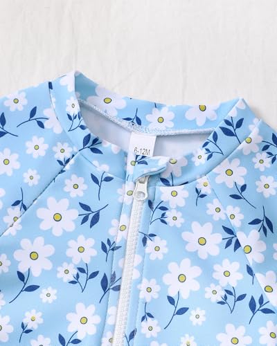 Image of Toddler Girl Swimsuit Baby Girl Bathing Suit Long Sleeve Floral Zipper One-Piece Rash Guard Swimsuit with Hat