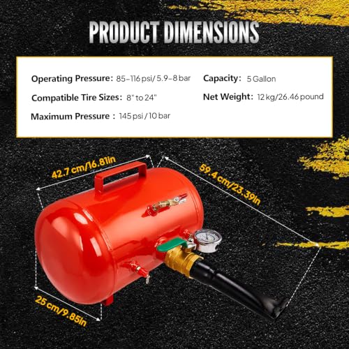 Image of Bonnlo 5 Gallon Air Tire Bead Seater Blaster with Pressure Gauge & Handle,145PSI Seating Tool Inflator Tank, 85-116PSI Adjustable Pressure for Car Truck ATV, Jeep, Pickup, Red