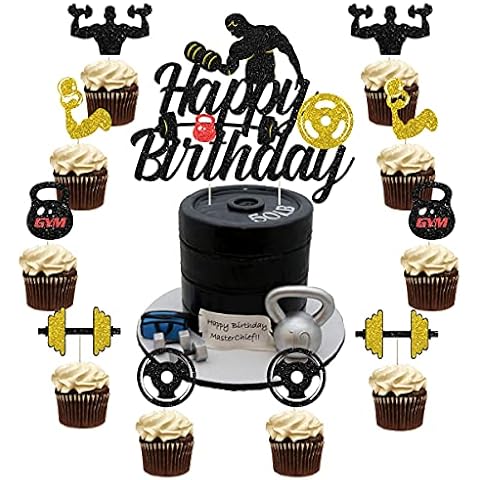 Gym Cake Decorations - Cake & Cupcake Toppers for Men Black and Gold Fitness Cake Toppers, 25 Pcs Glitter Weight Lifting Cake Topper Decorations for Gym Fitness Themed Birthday Party Cover