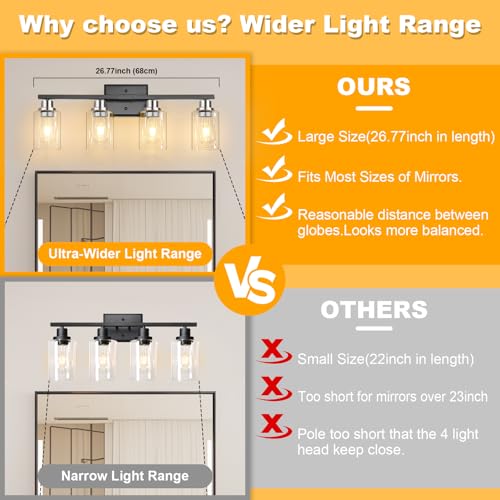 Image of Unicozin Modern Bathroom Light Fixtures, 4 Light Vanity Lights Over Mirror, Black and Brushed Nickel Wall Lamp with Clear Glass for Living Room Cabinet Bedroom Porch