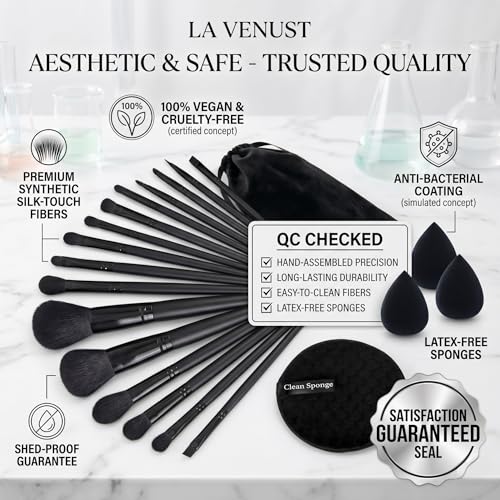 Image of 17Pc Makeup Kit Set - Premium 13-Piece Makeup Brush Set with 3 Makeup sponges & 1 Color-Removal Sponge - Soft Synthetic Bristles, Black Design with Velvet Travel Pouch - Complete Professional Beauty Tools (Clean sponge and makeup puffs , color may vary or multicolour) (Black)