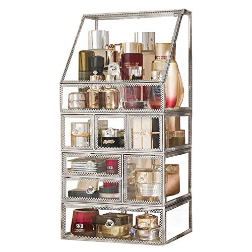 Antique Mirror Glass 4Tirer Stackable Makeup Organizer/Large Palette 3layer Drawer Vanity Storage for Perfume/Skincare/Bathroom Accessories Dust Free Countertop Cosmetic Cases Holder (Silver)
