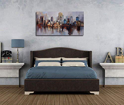Arjun Brooklyn Bridge Wall Art Modern New York Abstract Canvas Cityscape Painting Large Framed, Colorful Nyc Skyline Textured Picture For Living Room Bedroom Home Office Decor 60"X30" Original Design #TOP2