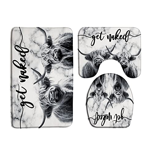 3 Piece Farmhouse Highland Cow Bath Mat Set Get Naked Western Funny Farm Animal Portrait of Longhorn Bull Rustic 17.8x29.5 Inches Bathroom Doormat Rugs,Toilet Seat Cover,U-Shaped Floor Mat