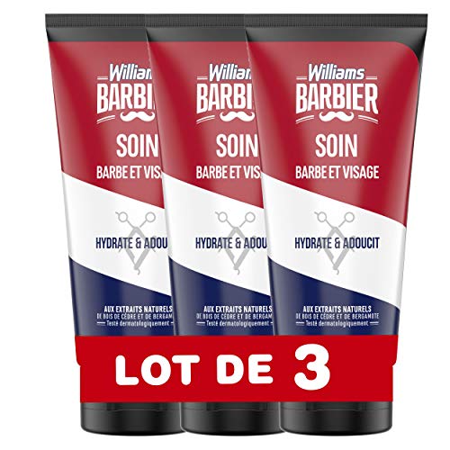 Williams Barbier Soin Barbe et Visage, Hydrate et Purifie, Extraits Naturels de Bois de Cèdre et de Bergamote Formule Testée Dermatologiquement (Lot de 3x100ml)