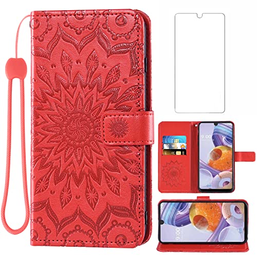 Phone Case for LG Stylo 6/Stylo6 Plus/K71 Stylus Wallet Cases with Tempered Glass Screen Protector Leather Slim Flip Cover Card Holder Stand Cell Accessories LGStylo6 6+ 6plus Six 2020 Women Men Red