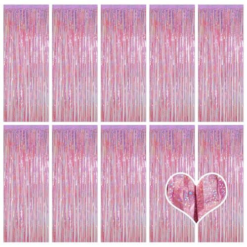 10 Pack Pink Backdrop Curtain 3.2ft x 8.2ft Metallic Tinsel Foil Fringe Curtains Photo Booth Background for Birthday Party Decoration Baby Shower Engagement Wedding Christmas Decoration