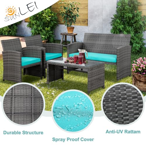 SUNLEI Multi Pieces Outdoor Patio Furniture Sets Conversation Sets Rattan Chair Wicker Set,Glass Table,Outdoor Indoor Use Backyard Porch Garden Poolside (Grey, 4 PCS-Sky Blue Cushion)