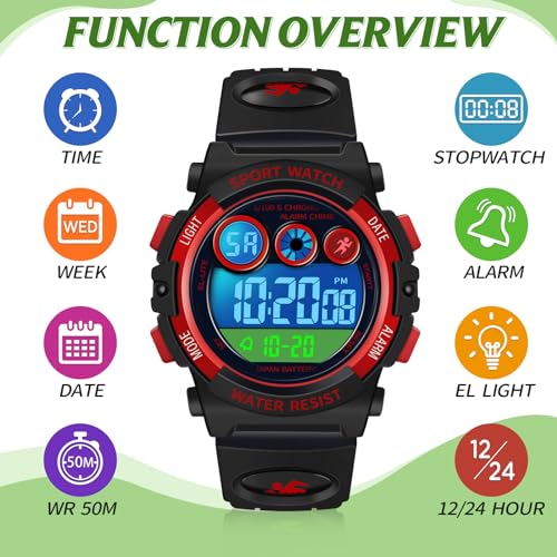 Image of Dayllon Kids Digital Watch,Boys Digital Outdoor Sport Waterproof Watch,with Calendar 12 /24H Alarm 7 Colorful Backlight Stopwatch Wristwatch for 3-15 Years Old