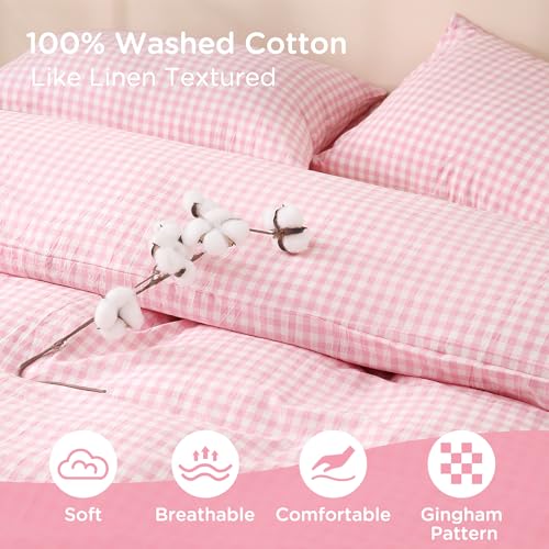 Image of TOCOMOA Pink Gingham Duvet Cover Bedding Set 100% Washed Cotton Like Linen Feel Super Soft Comfortable 2 Piece Cute Plaid Checkered Comforter Cover Set (Twin 68 inchx90 inch, Comforter Not Included)