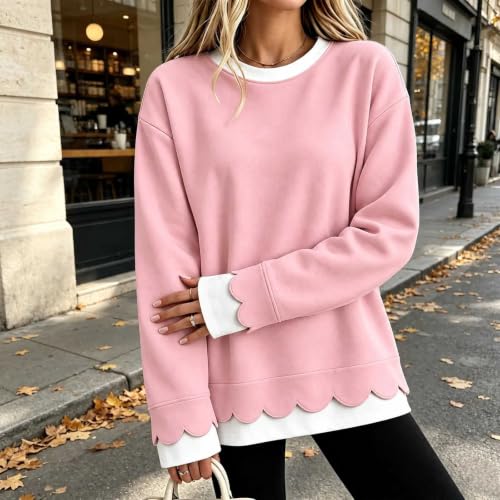 Scalloped Edge Sweatshirt Casual Crew neck Pullover Oversized Tops | Casual long sleeve pullover with scalloped hem, contrast trim, loose fit; cozy for fall work, travel, daily wear - image 2