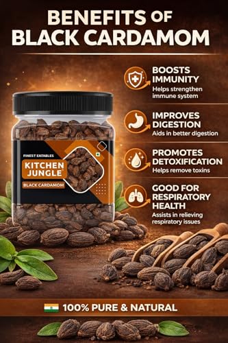 Image of Kitchen Jungle Premium Black Cardamom (Kali Elaichi) 100g | Bold Whole Badi Elaichi Pods | Strong Smoky Aromatic Spice for Biryani, Garam Masala, Curries & Indian Cooking